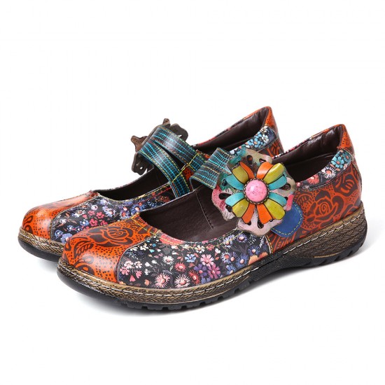 Retro Embossed Flower Splicing Floral Genuine Leather Flat Shoes