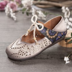 Retro Hollow Floral Soft Sole Knot Round Toe Ankle Strap Flat Shoes