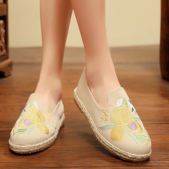 Women Handmade Embroidery Straw Comfy Lightweight Casual Flat Loafers