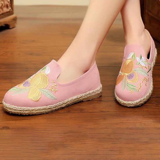 Women Handmade Embroidery Straw Comfy Lightweight Casual Flat Loafers