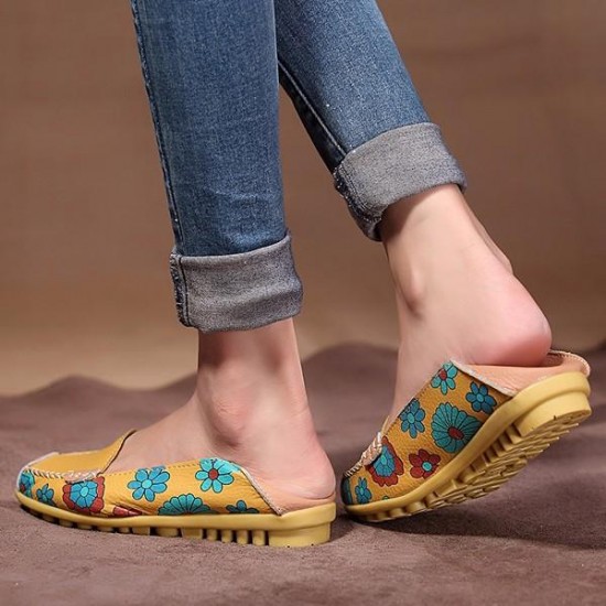 Big Size Women Flower Floral Leather Loafers Moccasins Flats Soft Ballet Shoes Round Toe Flats