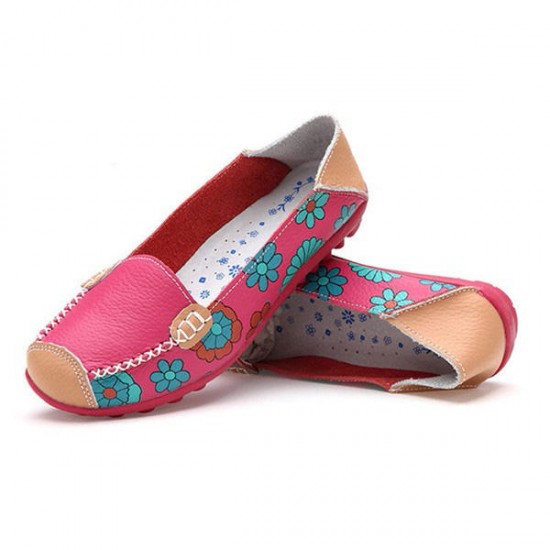 Big Size Women Flower Floral Leather Loafers Moccasins Flats Soft Ballet Shoes Round Toe Flats