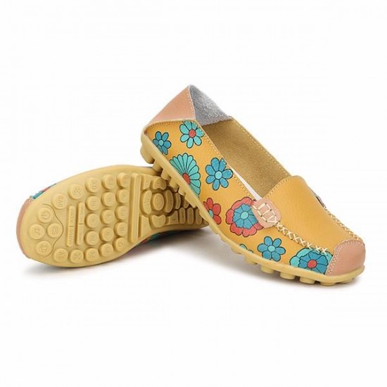 Big Size Women Flower Floral Leather Loafers Moccasins Flats Soft Ballet Shoes Round Toe Flats