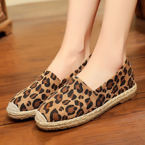 Women Leopard Printing Comfy Lightweight Casual Slip On Espadrille Flats