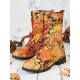 Embroidered Sunflowers Printing Block Heel Round Toe Lace-up Mid-calf Combat Boots for Women