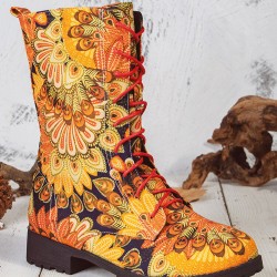 Embroidered Sunflowers Printing Block Heel Round Toe Lace-up Mid-calf Combat Boots for Women