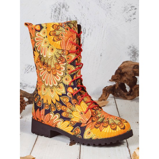 Embroidered Sunflowers Printing Block Heel Round Toe Lace-up Mid-calf Combat Boots for Women