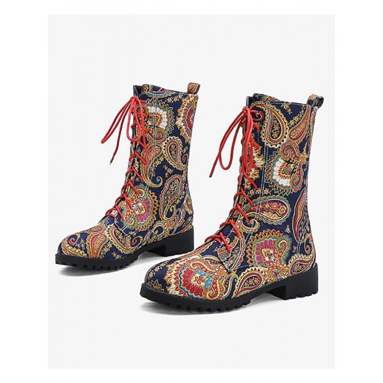 Embroidered Sunflowers Printing Block Heel Round Toe Lace-up Mid-calf Combat Boots for Women