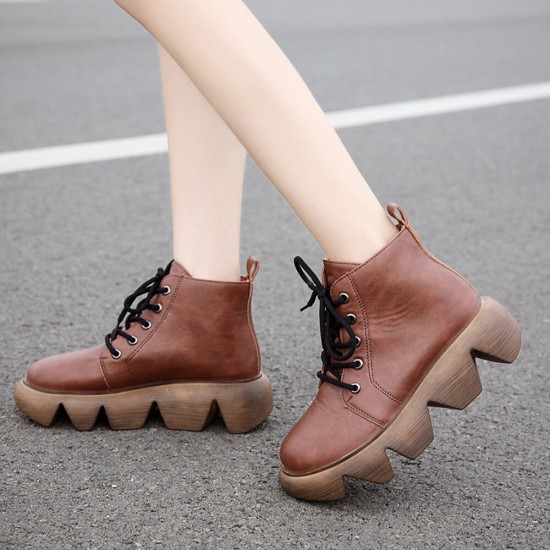 Plus Size Women Comfy Lace Up Thick Sole Short Boots