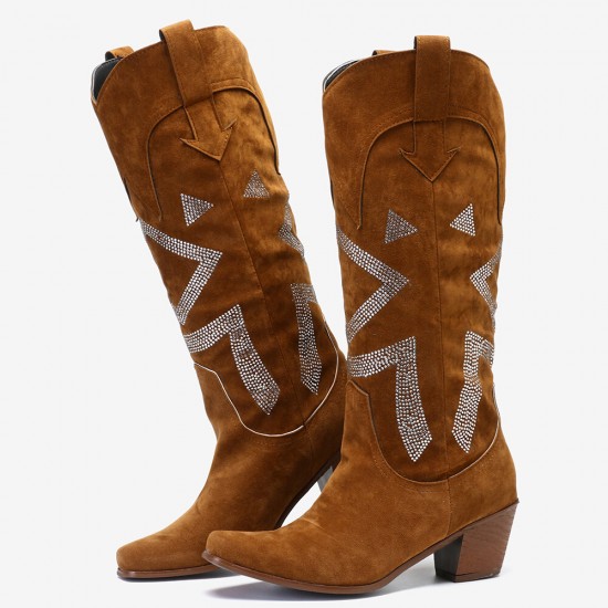 Plus Size Women Suede Rhinestone Chunky Heel Knee Cowboy Boots