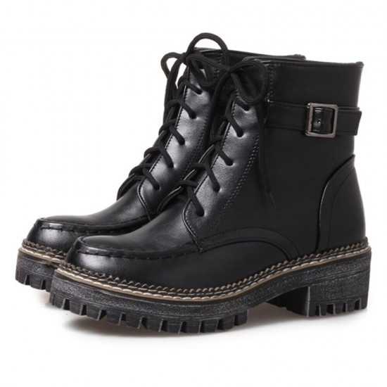 Women Casual Solid Color Buckle Lace Up Platform Short Combat Boots