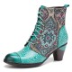 Socofy Genuine Leather Floral Pattern Retro Mid-calf Boots