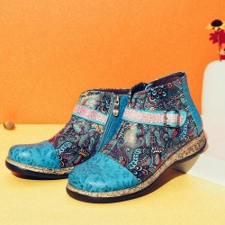 Folkways Pattern Genuine Leather Splicing Comfy Flat Ankle Boots