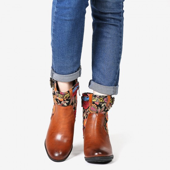 Ladies Causal Floral Pattern Buckle Deco Splicing Round Toe Block Heel Ankle Boots