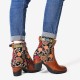 Ladies Causal Floral Pattern Buckle Deco Splicing Round Toe Block Heel Ankle Boots