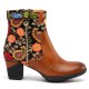 Ladies Causal Floral Pattern Buckle Deco Splicing Round Toe Block Heel Ankle Boots