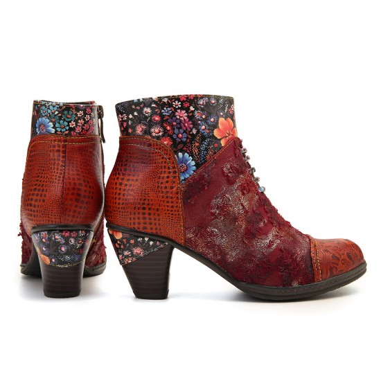 Women Casual Floral Splicing Pattern Warm Lined Zip Up Cone Heel Ankle Boot