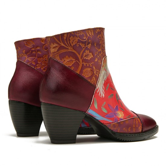 Retro Colorful Printed Flowers Pattern Embossed Stitching Comfortable Zipper High Heel Boots