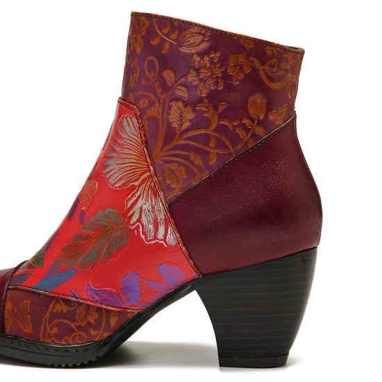 Retro Colorful Printed Flowers Pattern Embossed Stitching Comfortable Zipper High Heel Boots