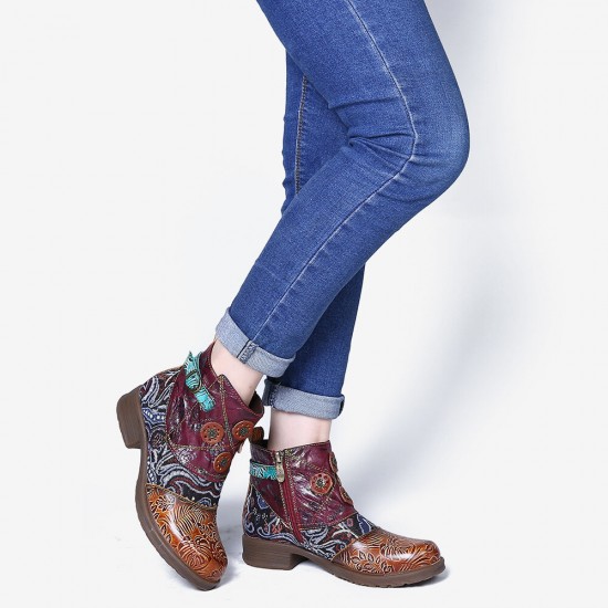 Retro Floral Pattern Splicing Adjustable Casual Round Toe Zipper Ankle Boots