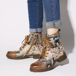 Retro Genuine Leather Newspaper Pattern Flat Ankle Boots