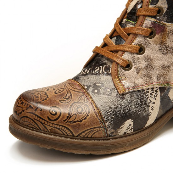 Retro Genuine Leather Newspaper Pattern Flat Ankle Boots