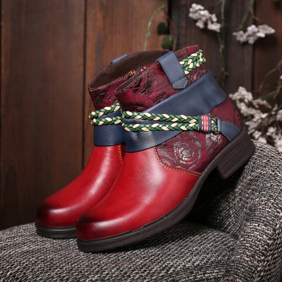 Printed Outdoor Woven Rope Splicing Side-zip Round Toe Block Heel Ankle Boots