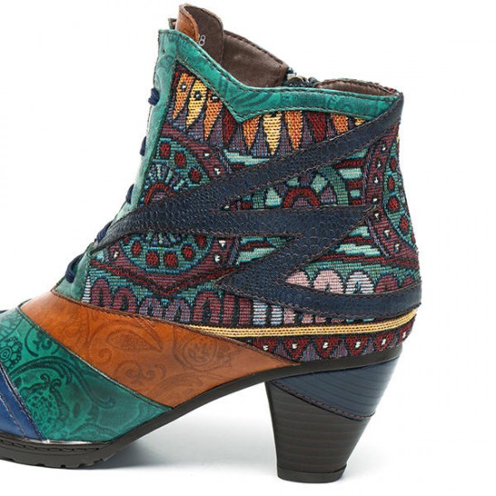 Bohemian Splicing Pattern Block Zipper Ankle Leather Boots Shoe