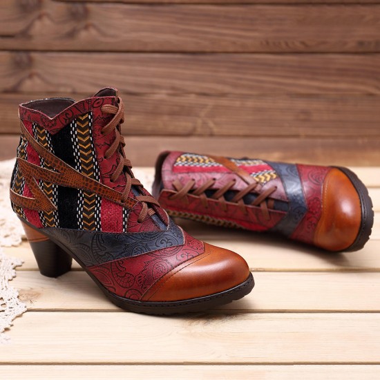 Bohemian Splicing Pattern Block Zipper Ankle Leather Boots Shoe