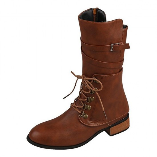 Women Large Size Knotted Side-zip Elegant Casual Leather Riding Boots