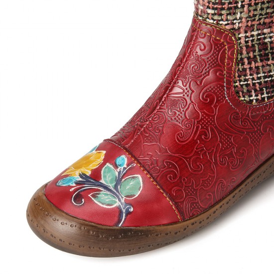 Check Woolen Splicing Floral Embossed Genuine Leather Flat Short Boots