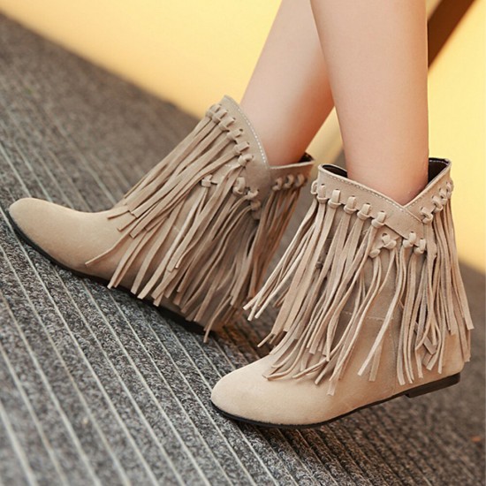 Plus Size Women Casual Suede Tassel Increased Heel Short Boots