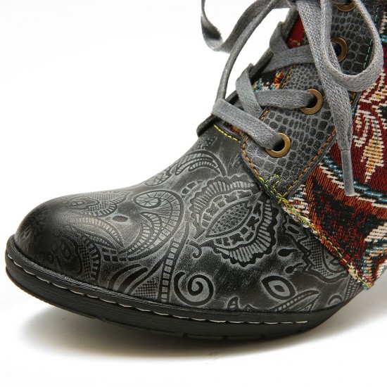 Embossed Splicing Tribal Pattern Buckle Deco Lace-up Zipper Warm Lined Ankle Boots