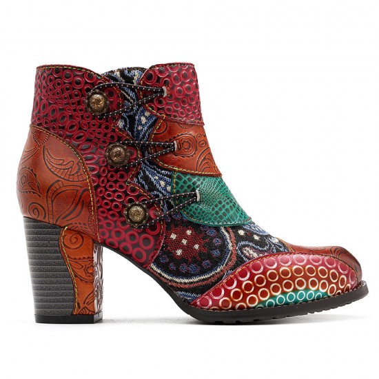 Splicing Pattern Button Zipper Ankle Leather Boots