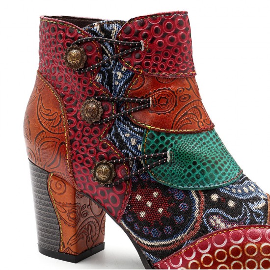 Splicing Pattern Button Zipper Ankle Leather Boots