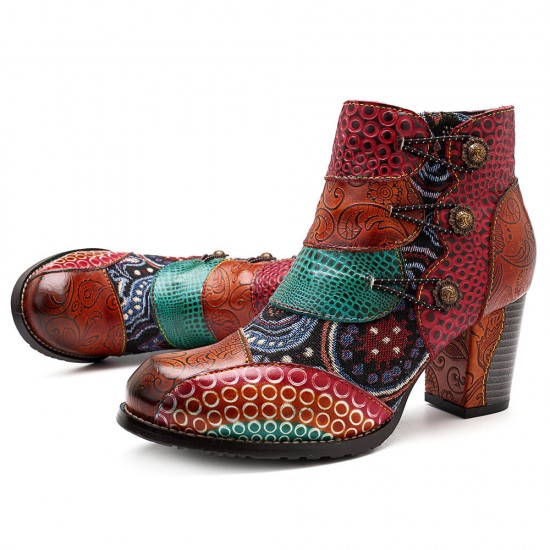 Splicing Pattern Button Zipper Ankle Leather Boots