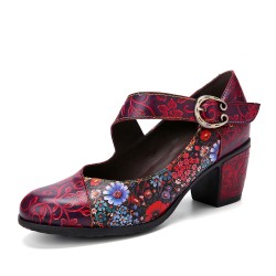 Women Retro Floral Printing Leather Comfy Round Toe Soft Sole Chunky Heels