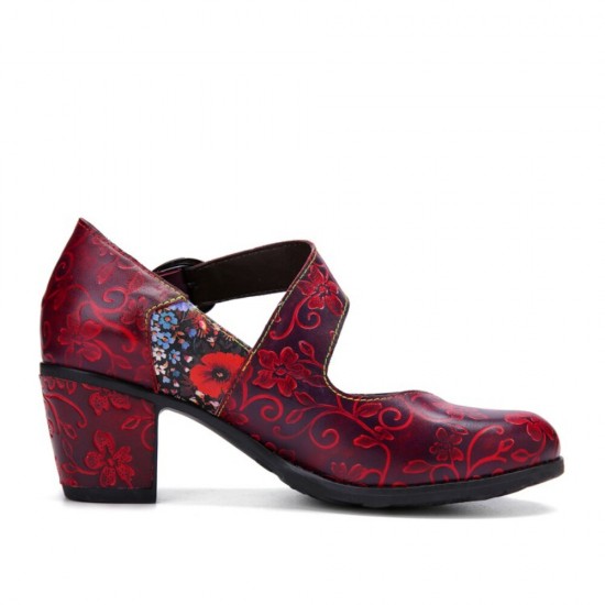 Women Retro Floral Printing Leather Comfy Round Toe Soft Sole Chunky Heels