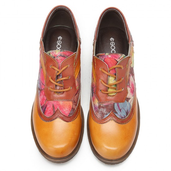 Genuine Leather Retro Floral Lace-up Comfy Round Toe Oxfords Heels