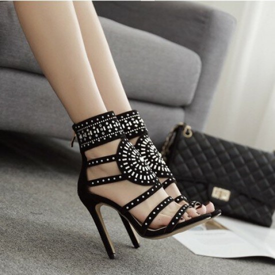 Women Roman Rhinestone Open Toe Party High Heels Pumps