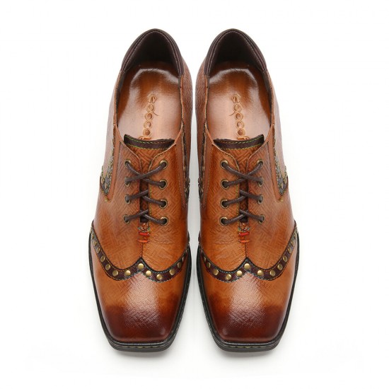 Genuine Leather Comfy Lace-up Retro Square Toe Oxfords Heels