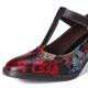 Retro Florals Embroidery Flowers Leather Low Heel T-strap Hook Loop Pumps