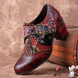 Women Retro Floral Printing Leather Soft Round Toe Sculpted Chunky Heels