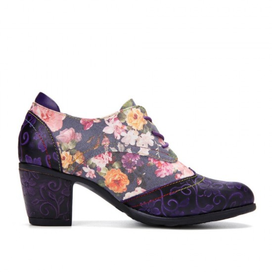 Women Retro Floral Printing Leather Splicing Soft Comfy Sculpted Chunky Heels