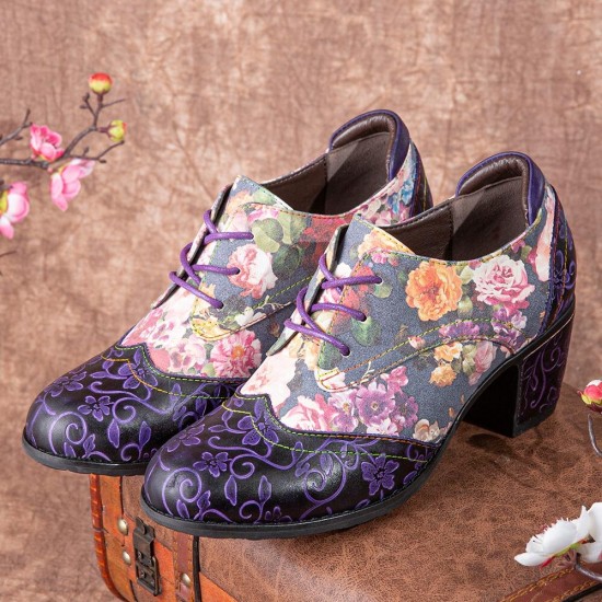 Women Retro Floral Printing Leather Splicing Soft Comfy Sculpted Chunky Heels