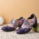 Women Retro Floral Printing Leather Splicing Soft Comfy Sculpted Chunky Heels