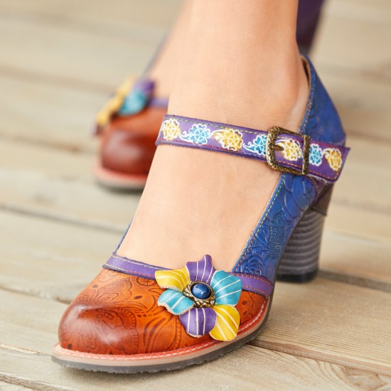 Genuine Leather Hook & Loop Floral Embellished Comfy Mary Jane Heels