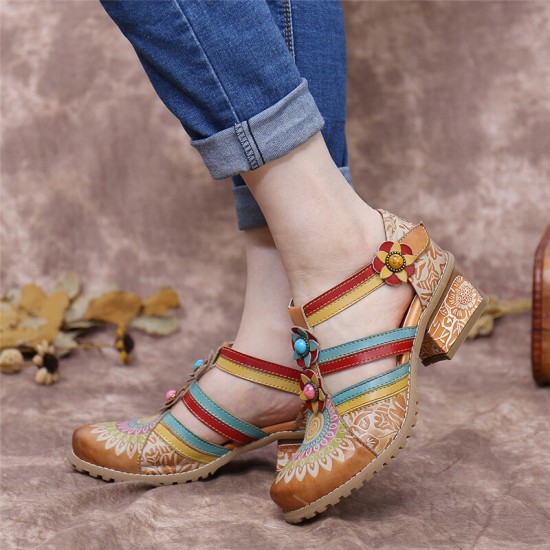 Bohemia Ethnic Style Stitching Embossed Beading Floral Chunky Heel Pumps