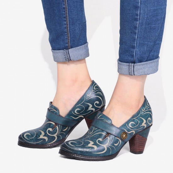 Retro Genuine Leather Vine Pattern Solid Color Elegant Hook Loop Pumps