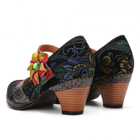 Genuine Leather Hook & Loop Comfy Retro Colorblock Floral Decor Mary Jane Heels